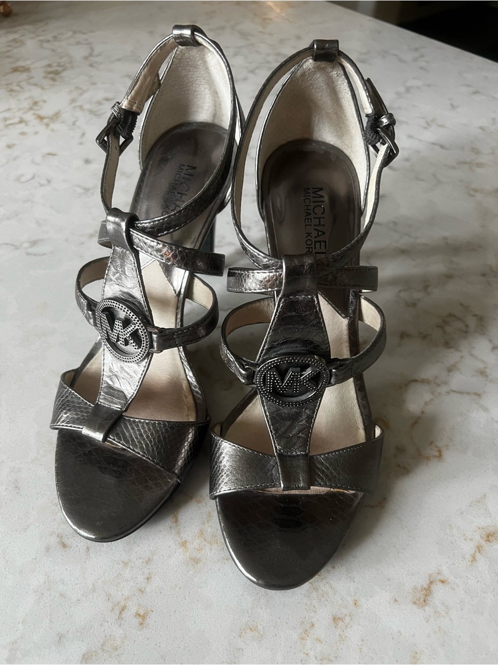 Michael Kors Metallic Gunmetal T-Strap Heeled Sandals